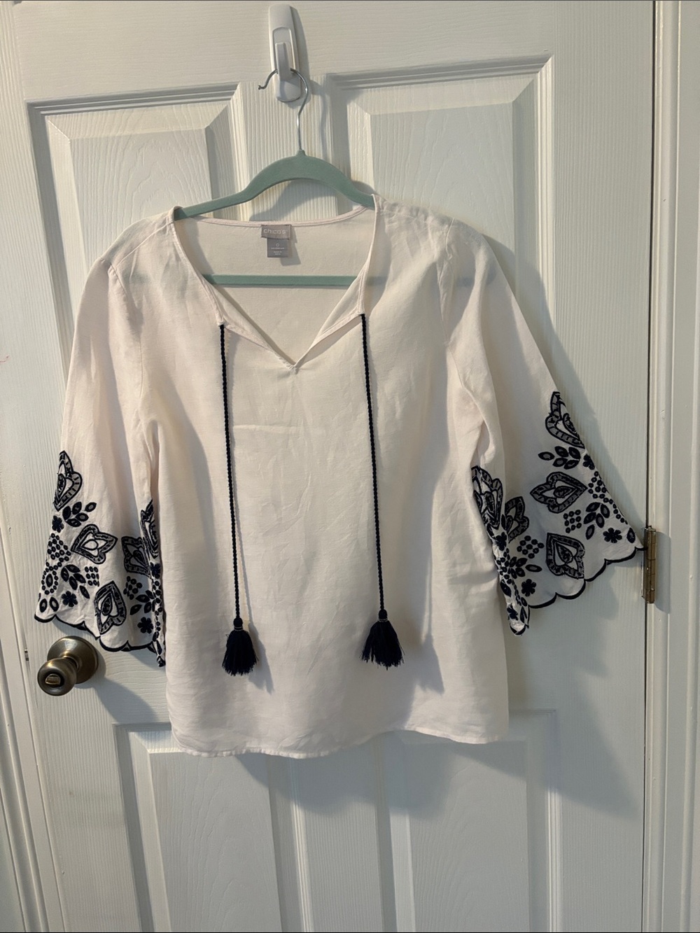 Chico's White Tunic with Navy Embroidery and Tassels